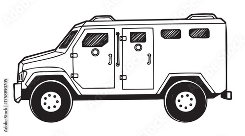 Black outline drawing of an armored vehicle displaying detailed features like heavy-duty doors and wheel setup.
