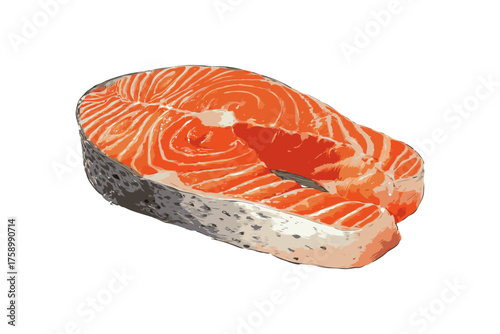 Fresh raw salmon steak slice with skin, realistic hand-drawn style, isolated on white background, concept of seafood and healthy eating