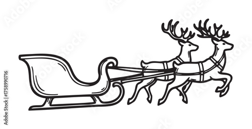 Black outline drawing of a sleigh pulled by two reindeer with antlers, harnessed and in motion, suitable for festive and winter themes.