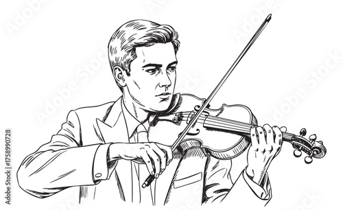 Black and white sketch of a caucasian young male violinist wearing a suit, deeply focused while playing the violin with precision.