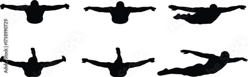 Flying diving silhouette sequence illustration, human motion study, athletic posture concept, dynamic movement analysis, sports technique, fitness lifestyle expression