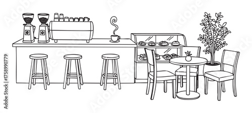 Black outline drawing of a cozy café interior with a counter, coffee machine, stools, a pastry display, and a small table with chairs and a potted plant.