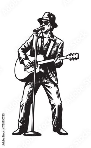 Black and white sketch of a male musician in a hat and sunglasses playing an acoustic guitar while singing into a microphone.