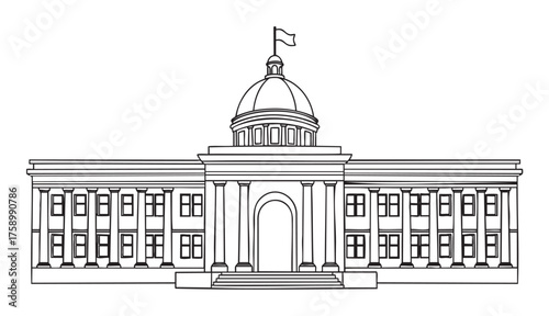 Black outline drawing of a large neoclassical government building with a central dome and flag, featuring symmetrical columns and multiple windows.
