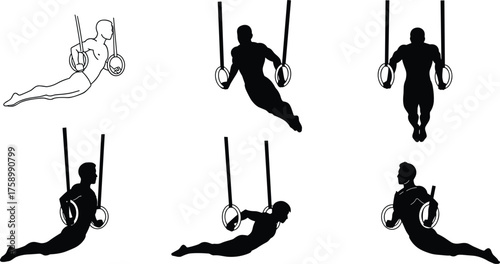 Gymnastic rings exercise silhouette sequence, calisthenics strength training illustration, athlete workout concept, bodyweight fitness technique, sports motion study, health lifestyle