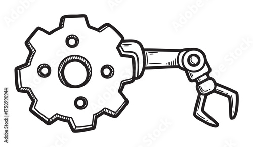 Black and white sketch illustration of a robotic arm connected to a cog, symbolizing mechanical engineering and automation technology.