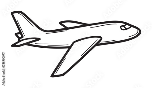 Black outline drawing of a simple passenger airplane flying at an angle, showcasing minimal design elements for travel and transportation themes.