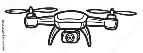 Black outline drawing of a quadcopter drone with propellers and a camera mounted at the bottom, suitable for aerial photography concepts.
