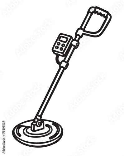 Black outline vector icon of a metal detector with a circular detection coil and digital control panel, used for treasure hunting and metal detection activities.