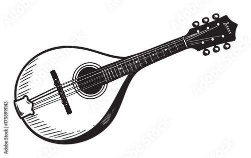 Black outline vector icon of a mandolin with a round body and tuning pegs, illustrating a classic stringed musical instrument in a minimalist style.