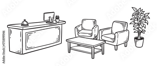 Black and white line drawing of a modern reception desk with a bell, computer, two armchairs, a coffee table, and a large potted plant.
