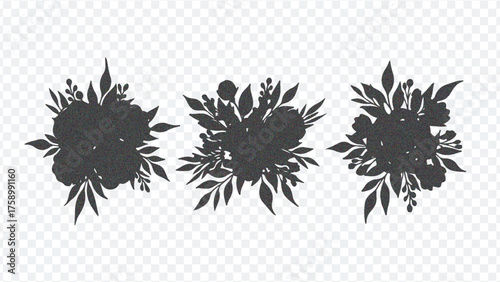 Three distinct black floral bouquet silhouettes with varying leaf and petal designs, minimalist and elegant for decor or branding.