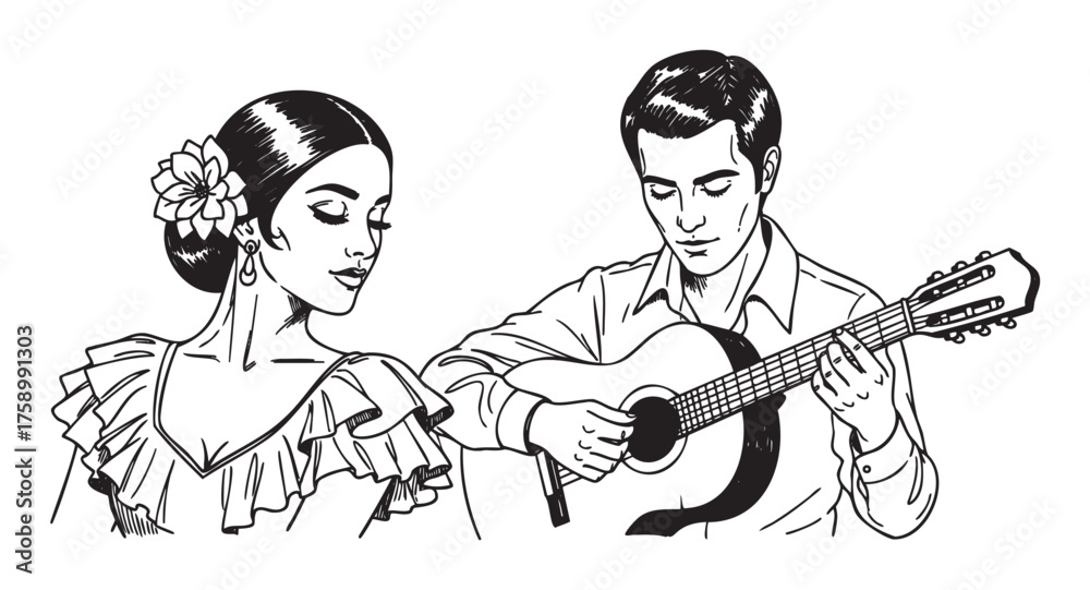 Fototapeta premium Black and white line drawing of a hispanic female dancer wearing a ruffled dress and a hispanic male musician playing an acoustic guitar.