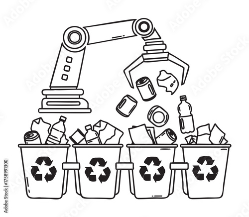 Robotic arm sorts various recyclable items, including bottles and cans, into separate recycling bins marked with the recycling symbol.