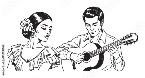 Black and white line drawing of a hispanic female dancer wearing a ruffled dress and a hispanic male musician playing an acoustic guitar.