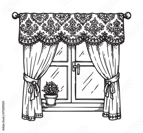 Black outline drawing of a window with curtains tied back and a decorative valance, featuring a small potted plant on the windowsill.
