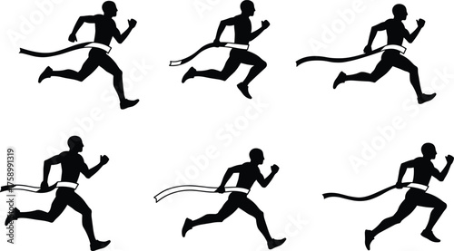 Runner crossing finish line silhouette sequence, victory achievement concept, sports competition illustration, athlete winning race, fitness success, health lifestyle