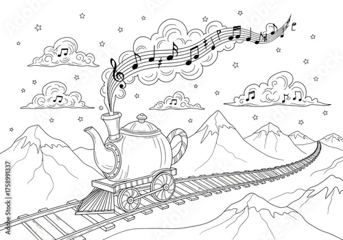 Teapot train with music notes drawing isolated on white