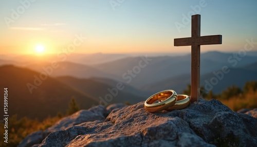 Wedding rings rest with cross on mountain peak. Golden rings near wooden cross. Christian marriage ceremony at sunset. Symbol of love faith eternity in nature.