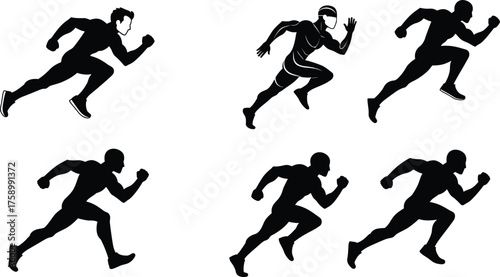 Running silhouette sequence illustration, athlete motion study, sports biomechanics, fitness training concept, gym workout posture, dynamic movement, health lifestyle