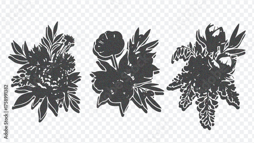 Three distinct black floral designs with varying leaf and petal shapes, set against a clean white backdrop for contrast.