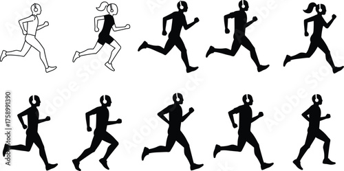 Running sequence illustration with headphones, athlete motion study, sports biomechanics, fitness training concept, gym workout posture, dynamic stride movement, health lifestyle