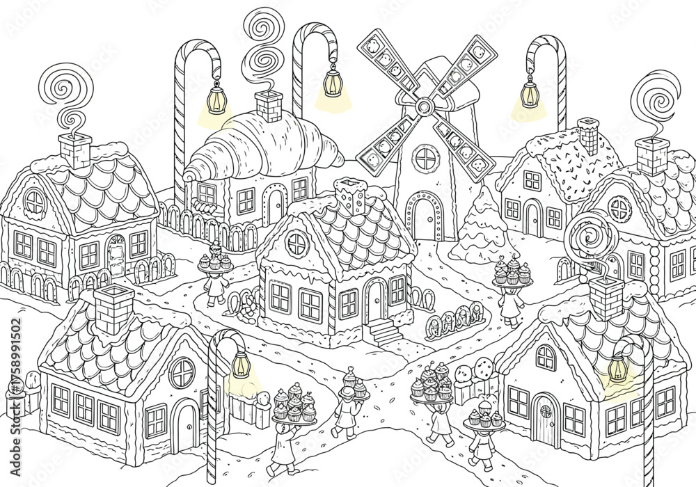 Fototapeta premium Gingerbread village coloring page