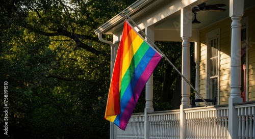 Vibrant rainbow pride flag on sunny porch with lush greenery