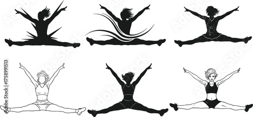 Split leap silhouette sequence illustration, artistic dance motion study, gymnast flexibility concept, expressive posture variations, creative design, fitness lifestyle