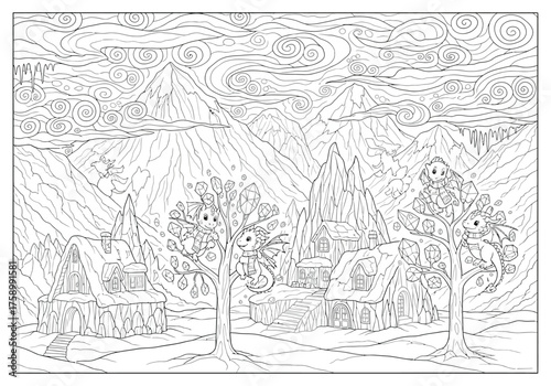Winter landscape with village for coloring book page