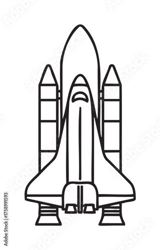 Black outline of a simple space shuttle design with external boosters, showcasing minimal linear details for aviation and exploration concepts.