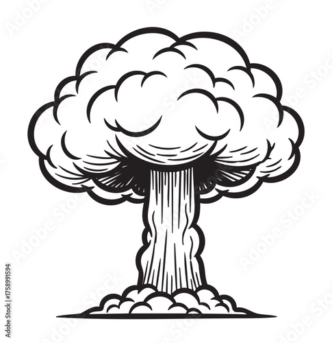 Black outline drawing of a mushroom cloud, showing detailed cloud formations above a columnar base, symbolizing an explosive event.