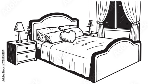 Black and white outline illustration of a cozy bedroom with a neatly made bed, a heart-shaped pillow, bedside tables, and a window adorned with curtains.