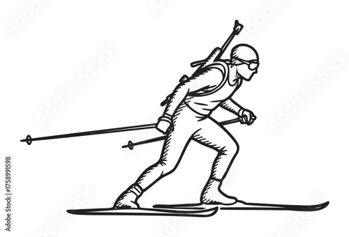 Black and white drawing of a male cross-country skier carrying poles and wearing a helmet and goggles.