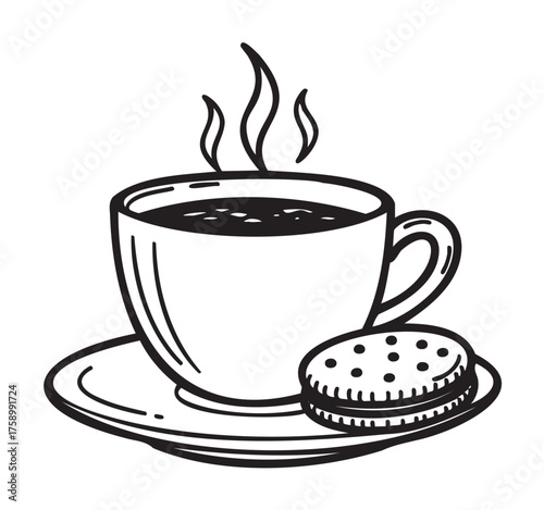 Black outline drawing of a steaming cup of coffee on a saucer with a single biscuit beside it.