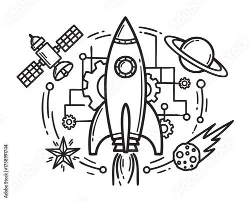 Black outline icon of a rocket surrounded by space elements like a satellite, planet, gear, comet, and star, representing innovation and exploration.