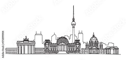 Black outline vector illustration of famous berlin skyline featuring landmarks like the brandenburg gate and tv tower.