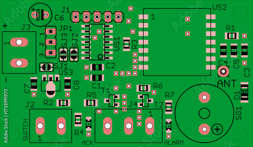 Placement of components of radio elements (contact
pads and seats) on printed circuit board of electronic device. Vector engineering drawing of pcb. Electric background. 