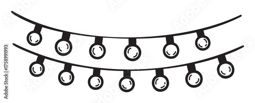 Black outline of two strings of round hanging light bulbs in a simple, linear style for decoration and design concepts.