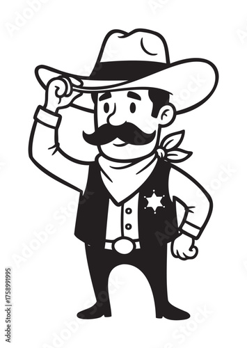 Black and white cartoon illustration of a male sheriff with a mustache, wearing a hat and bandana, tipping his hat in a friendly gesture.