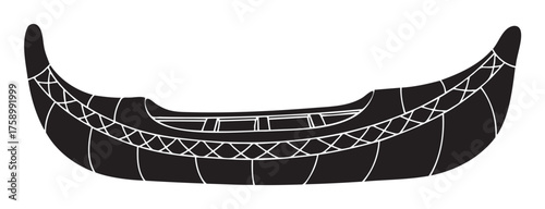 Black outline vector icon of a traditional woven canoe with detailed textures and sleek curves.