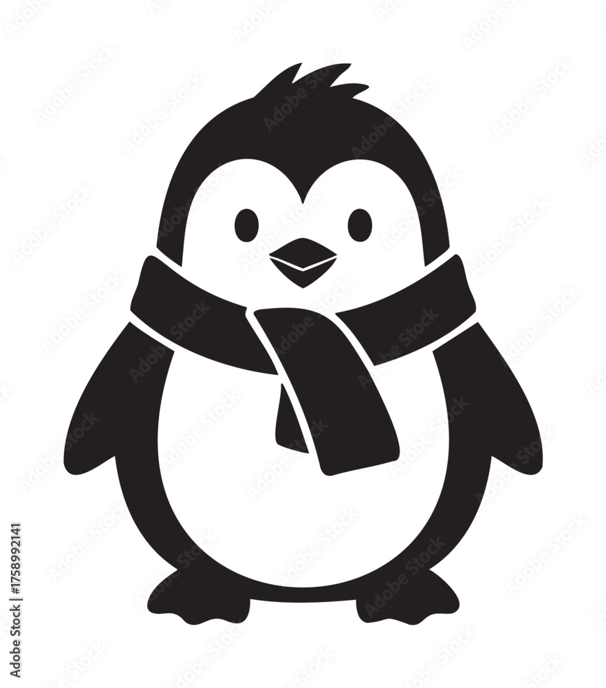 Obraz premium Black silhouette of a cute cartoon penguin wearing a scarf, depicted with simple and bold lines.