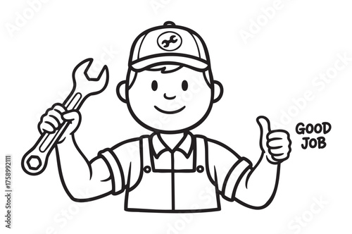 Black-and-white cartoon illustration of a smiling male mechanic holding a wrench and giving a thumbs up, wearing a cap and overalls with "good job" text on the side.