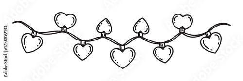 Black outline vector depicting heart-shaped string lights with a simple, minimal design for decoration or romantic celebrations.