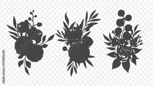Three distinct black floral silhouette designs, perfect for decorative art, tattoos, or digital projects. Minimalist and stylish.
