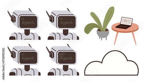 Robots with Agent on screens symbolizing AI work with a cloud representation, surrounded by a plant, table, and laptop. Ideal for AI, automation, cloud computing, teamwork, smart technology virtual