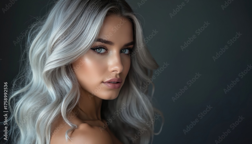 Fototapeta premium Young woman with long wavy silver hair looks directly at camera. Female model with healthy platinum blonde locks, bare shoulders against dark background. Beauty portrait of girl with stylish haircut,
