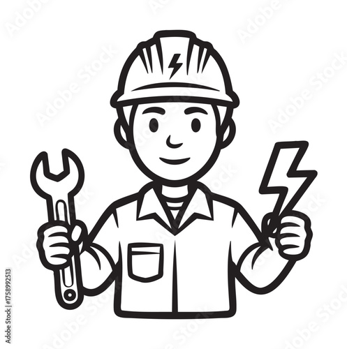 Cartoon illustration of a smiling male worker wearing a hard hat, holding a wrench in one hand and a lightning bolt symbol in the other.