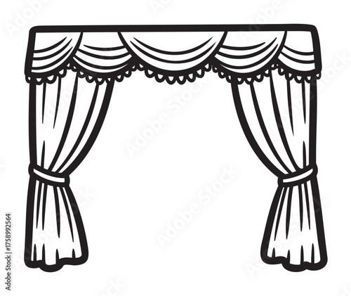 Black outline drawing of an elegant curtain décor with scalloped patterns and tied-back curtains creating a theatrical archway.
