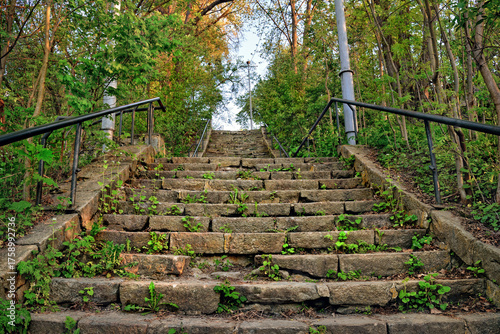 Old stone steps leading steeply uphill through lush green summer park